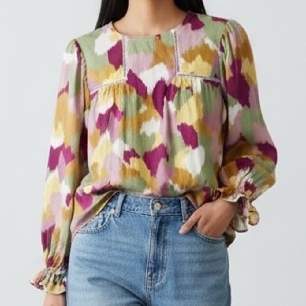 Fate Multicolor Brushstroke Print‎ Peasant Blouse Boho Top NEW size Medium